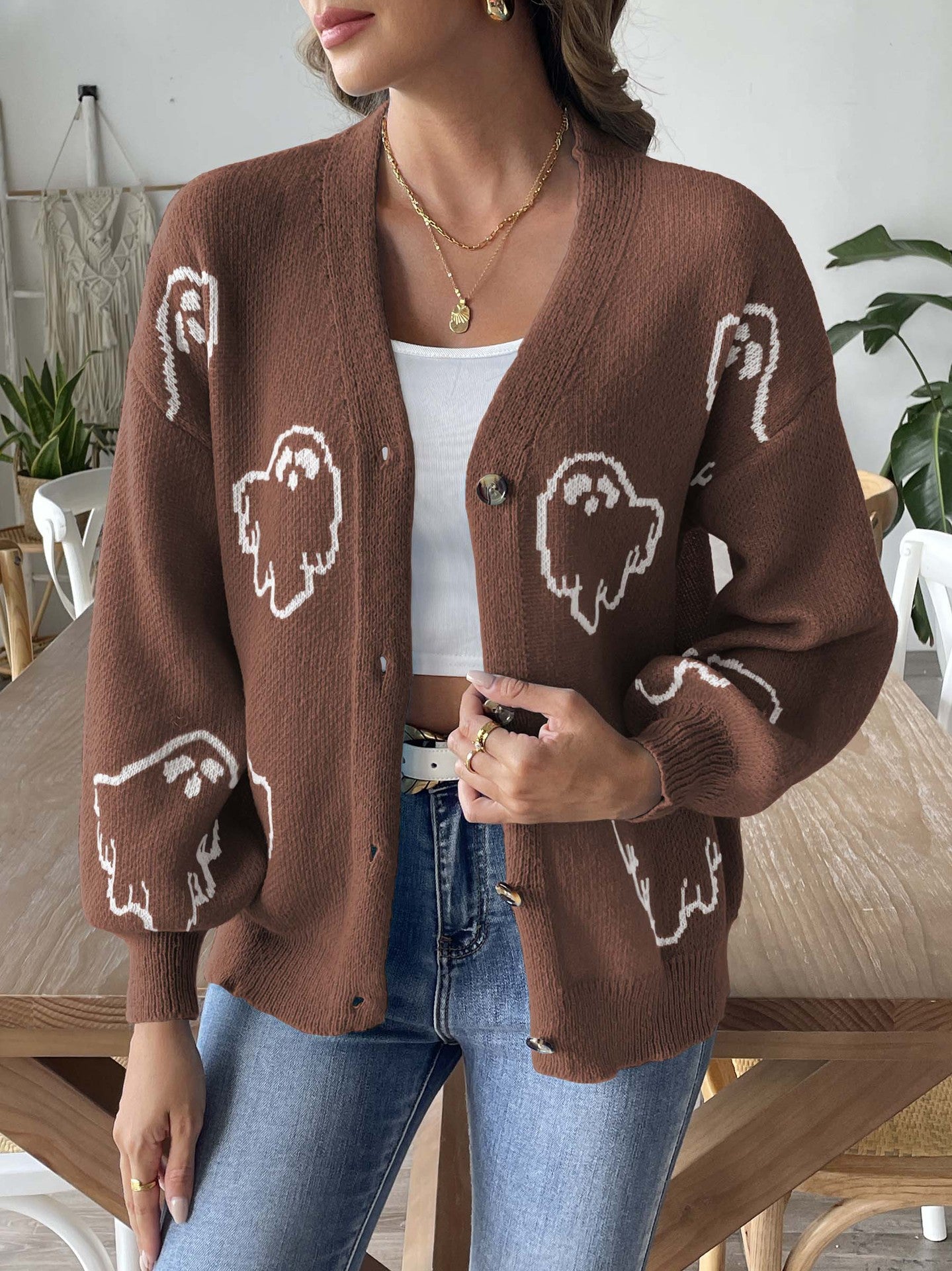 Halloween Cartoon Ghost Buttons Knit Cardigan