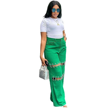 High-Waisted Denim Pants With Chain Details For Women