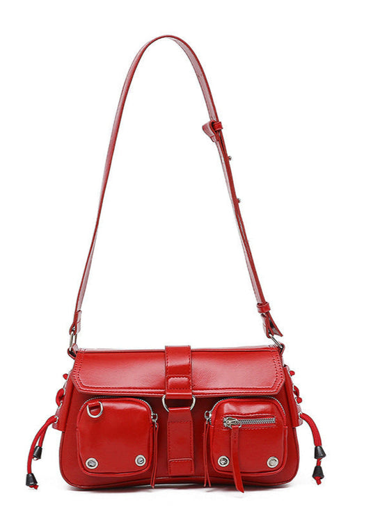 Utility Buckle Shoulder Bag Faux Leather Red