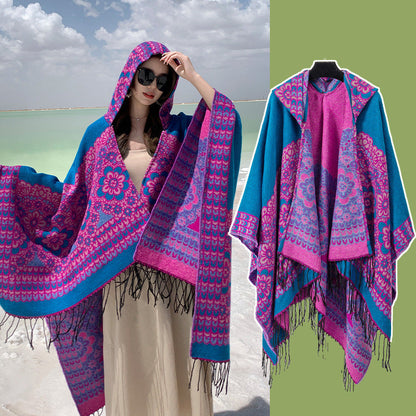 Ethnic Style New Split Shawl Women'S Cloak Scarf Thickened Warm Travel Coat Cloak