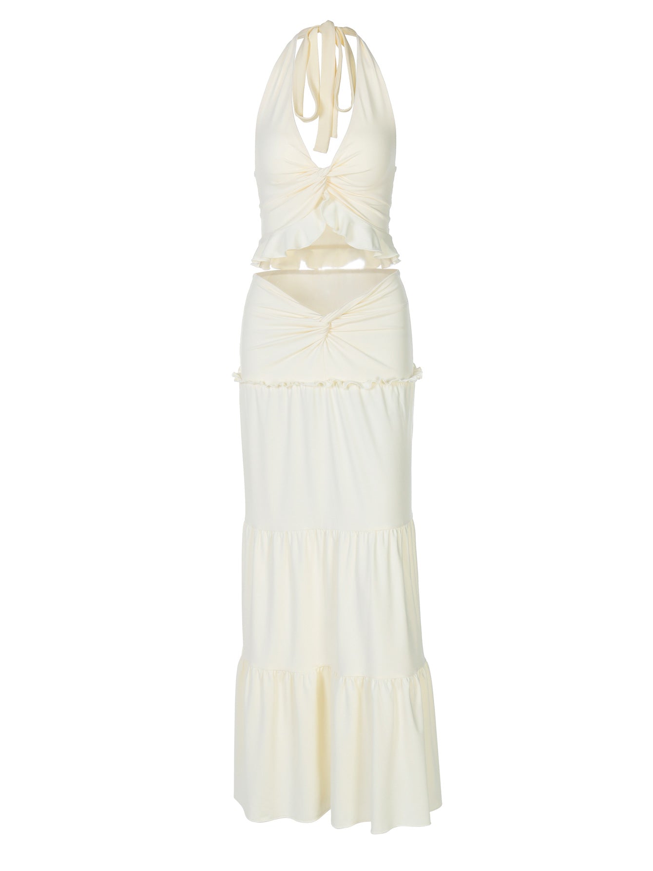 Sexy V-Neck Ruffle Hem Halter Maxi Dress Set
