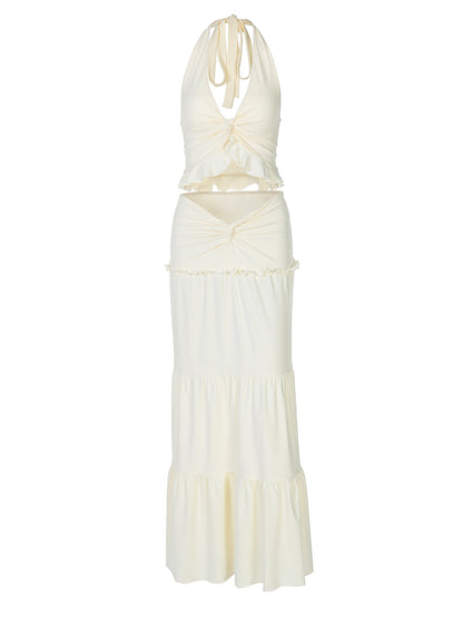 Sexy V-Neck Ruffle Hem Halter Maxi Dress Set