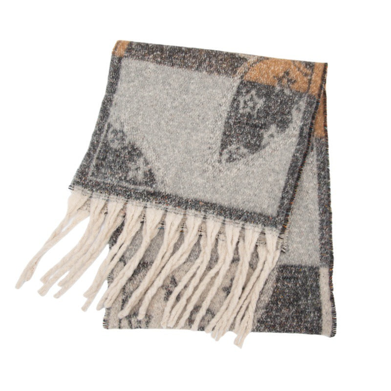 Winter Flower Tassel Thick Warm Scarf