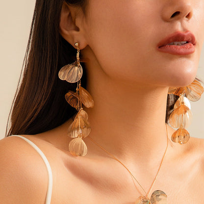 Metallic Ginkgo Leaf Stud Earrings With Flower Design