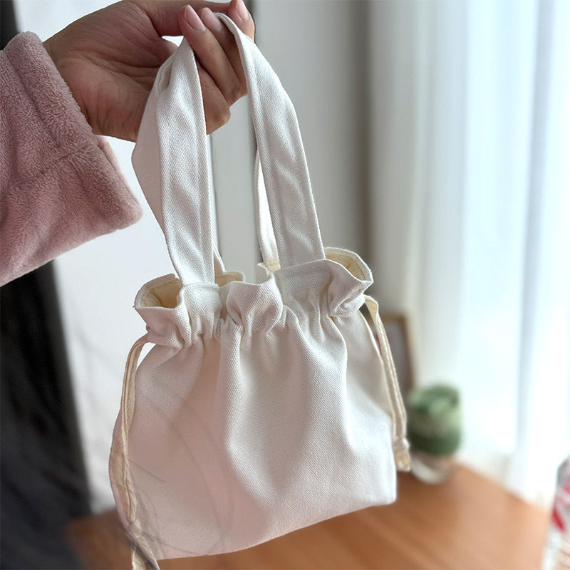 White Canvas Tote Bag Casual Chic Drawstring Shoulder Bag