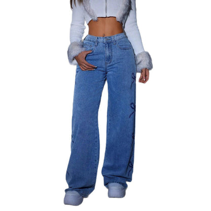 Casual Bow Print High Waist Baggy Jeans