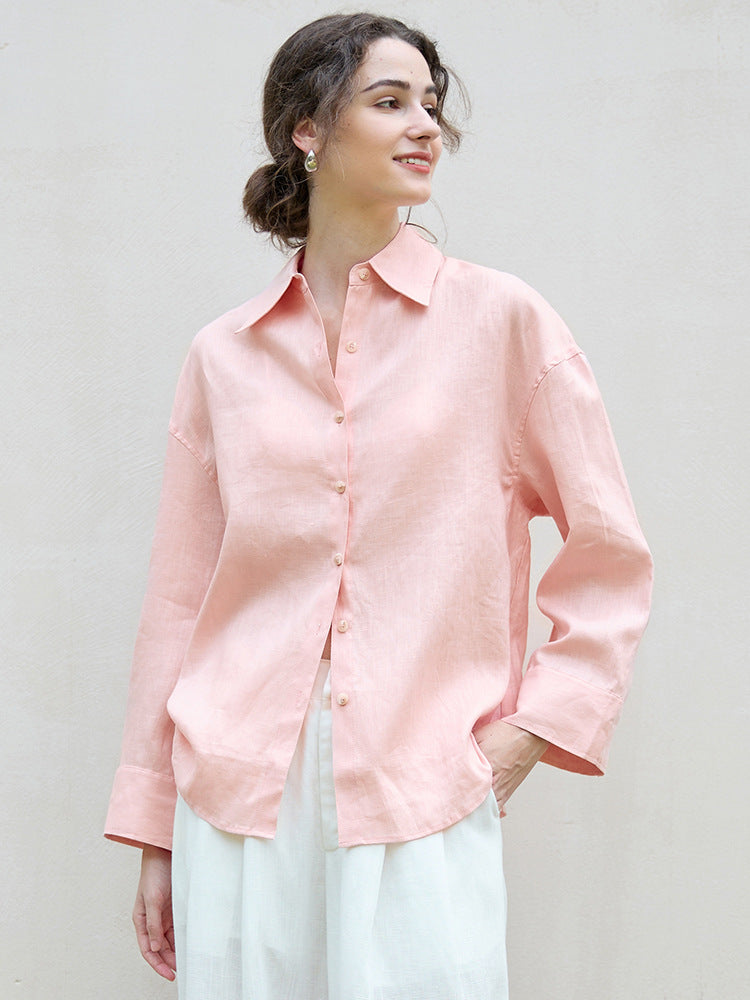 Pink Linen Relaxed Fit Long Sleeve Shirt for Elegant Casual Wear