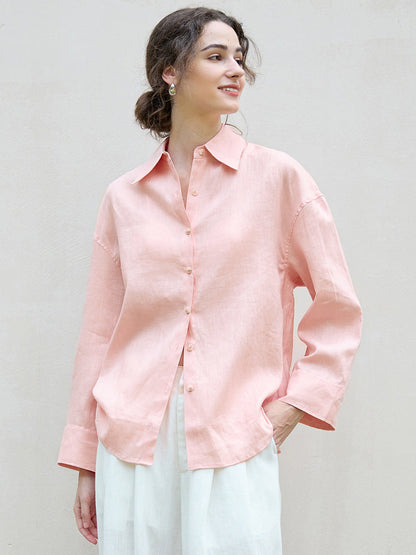 Pink Linen Relaxed Fit Long Sleeve Shirt for Elegant Casual Wear