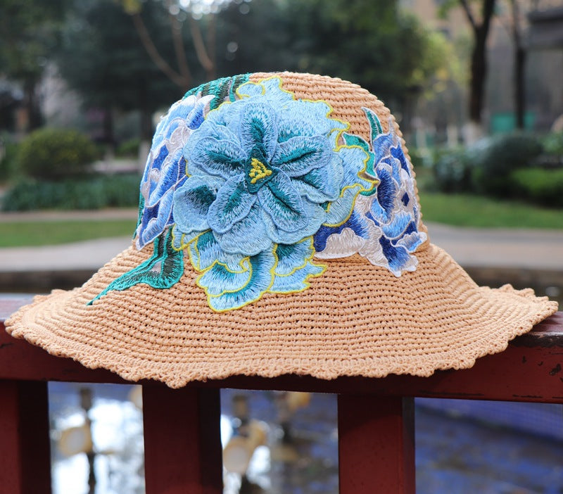 New Ethnic Style Embroidery Big Brim Hat Sun Visor Hat 3D Flower Hat Women'S Embroidery Hat