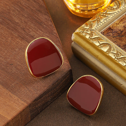 Burgundy Geometric Drip-Glaze Earrings With 925 Silver Pins