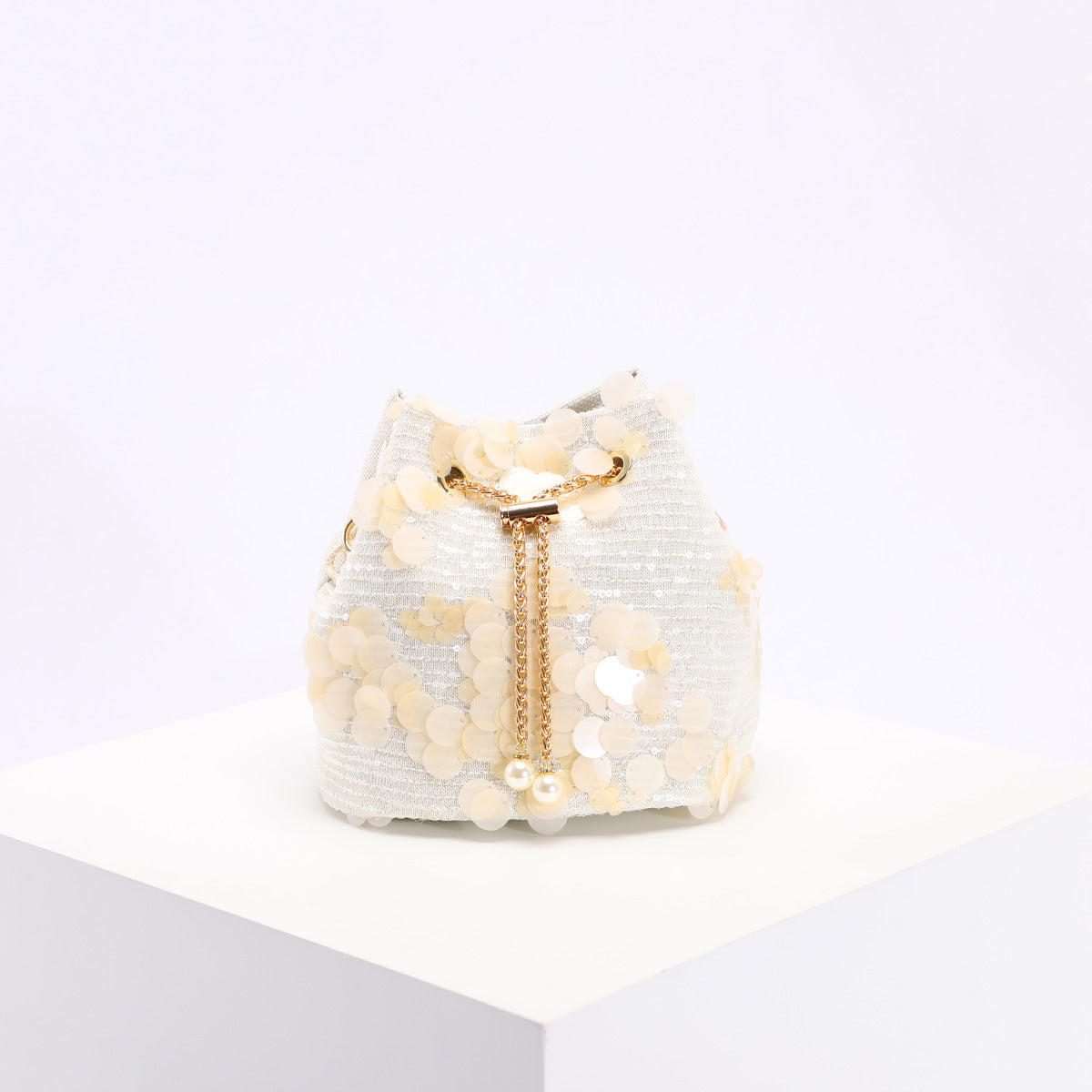 Elegant Floral Embroidered Sequin Mesh Color Block Bucket Bag