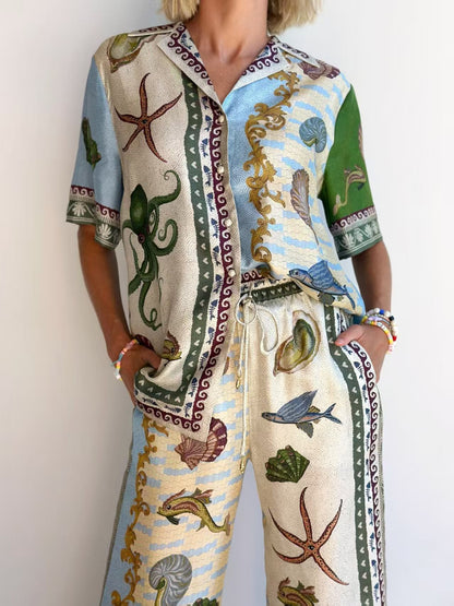 Trendy Casual Linen Blazer Shirt Set with Animal Print