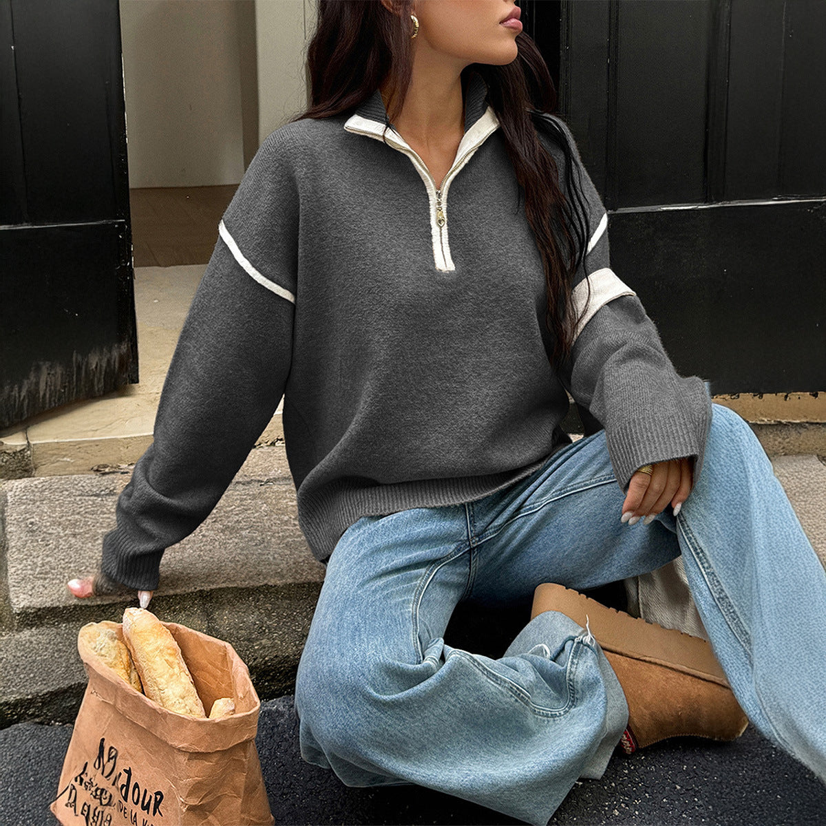 Casual Solid Color Long Sleeve Sweater for Women