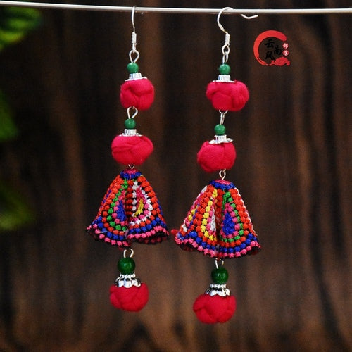 New Handmade Women'S Earrings Ethnic Style Original Joker Fabric Colored Ball Embroidered Earrings