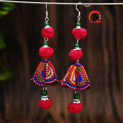 New Handmade Women'S Earrings Ethnic Style Original Joker Fabric Colored Ball Embroidered Earrings