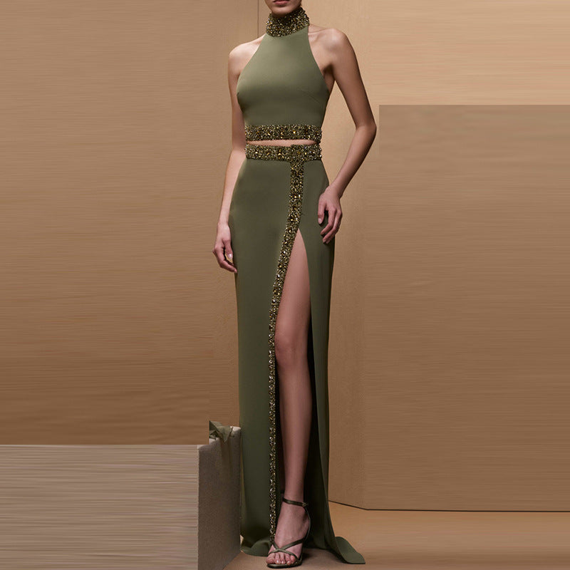 Beaded Halter Neck Top And Slit Maxi Skirt Set