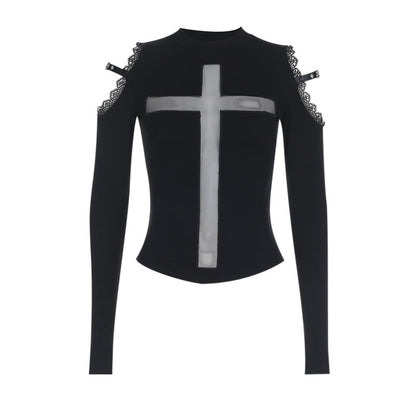 Cross Print Sheer Long Sleeve Top Black Casual Chic