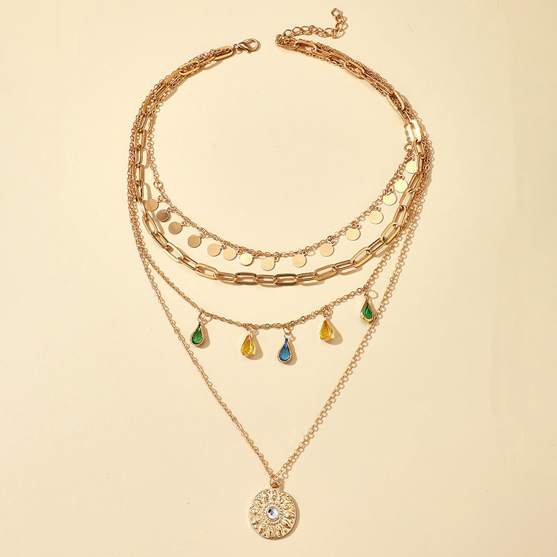 Geometric Layered Y-Shaped Alloy Necklace With Tassels And Rhinestones