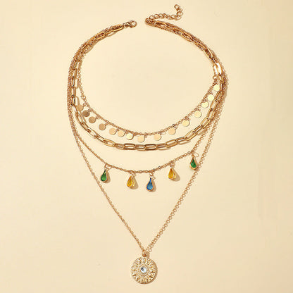 Geometric Layered Y-Shaped Alloy Necklace With Tassels And Rhinestones