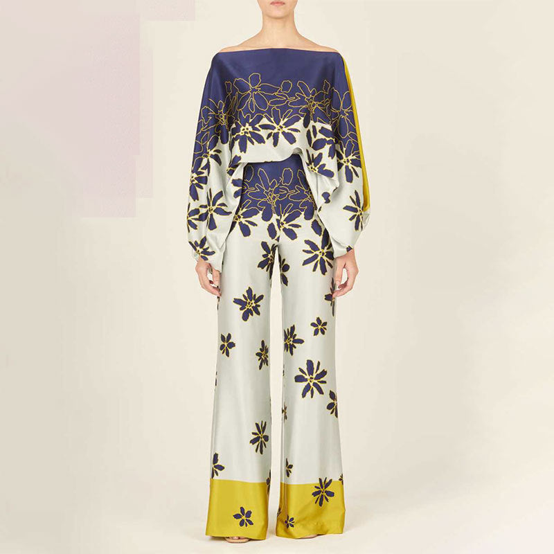 Elegant Batwing Sleeve Printed Two-Piece Set