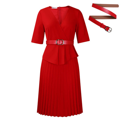 Elegant A-Line V-Neck Dress With Belt