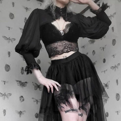 Short Black Lace Trim High Neck Top