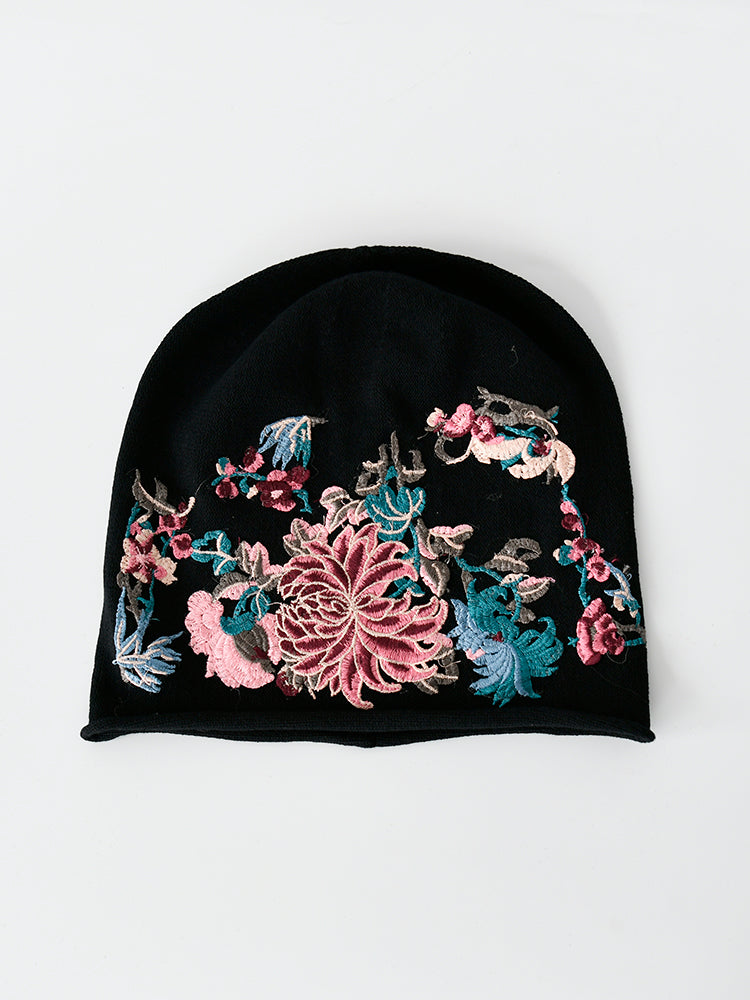 Black Pile Hat Women'S Autumn And Winter Embroidery Thin Postpartum Knitted Woolen Confinement Hat Versatile Bun Cap