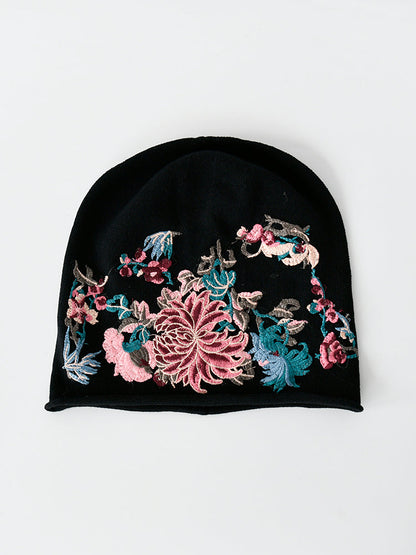 Black Pile Hat Women'S Autumn And Winter Embroidery Thin Postpartum Knitted Woolen Confinement Hat Versatile Bun Cap