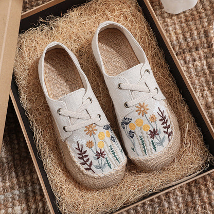 New Ethnic Style Women'S Shoes Dandelion Embroidered Linen Shoes Cow Tendon Bottom Hand-Stitched Top Lace-Up Cloth Shoes