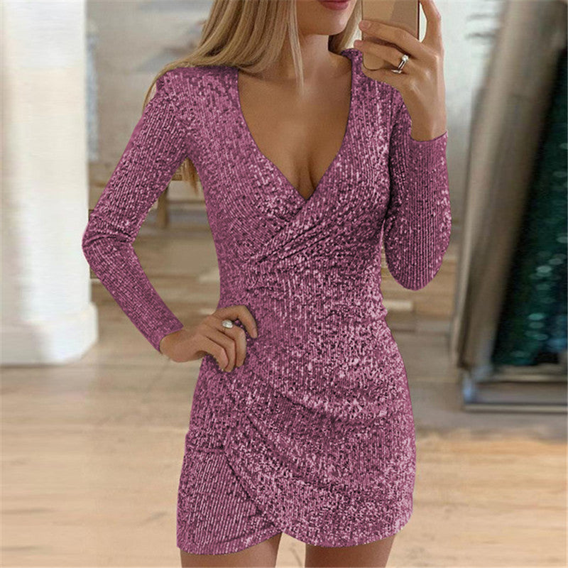 Sparkly V-Neck Bodycon Dress With Asymmetrical Hem