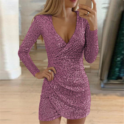 Sparkly V-Neck Bodycon Dress With Asymmetrical Hem