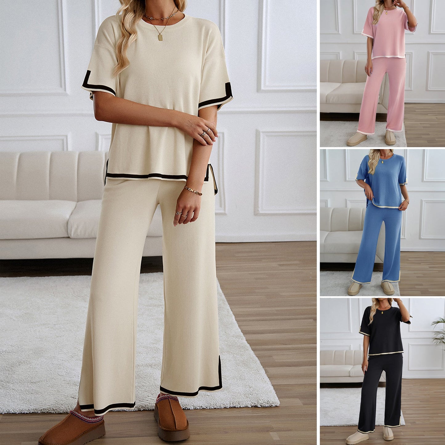 Casual Elegant Short Sleeve Knit Set with Pants