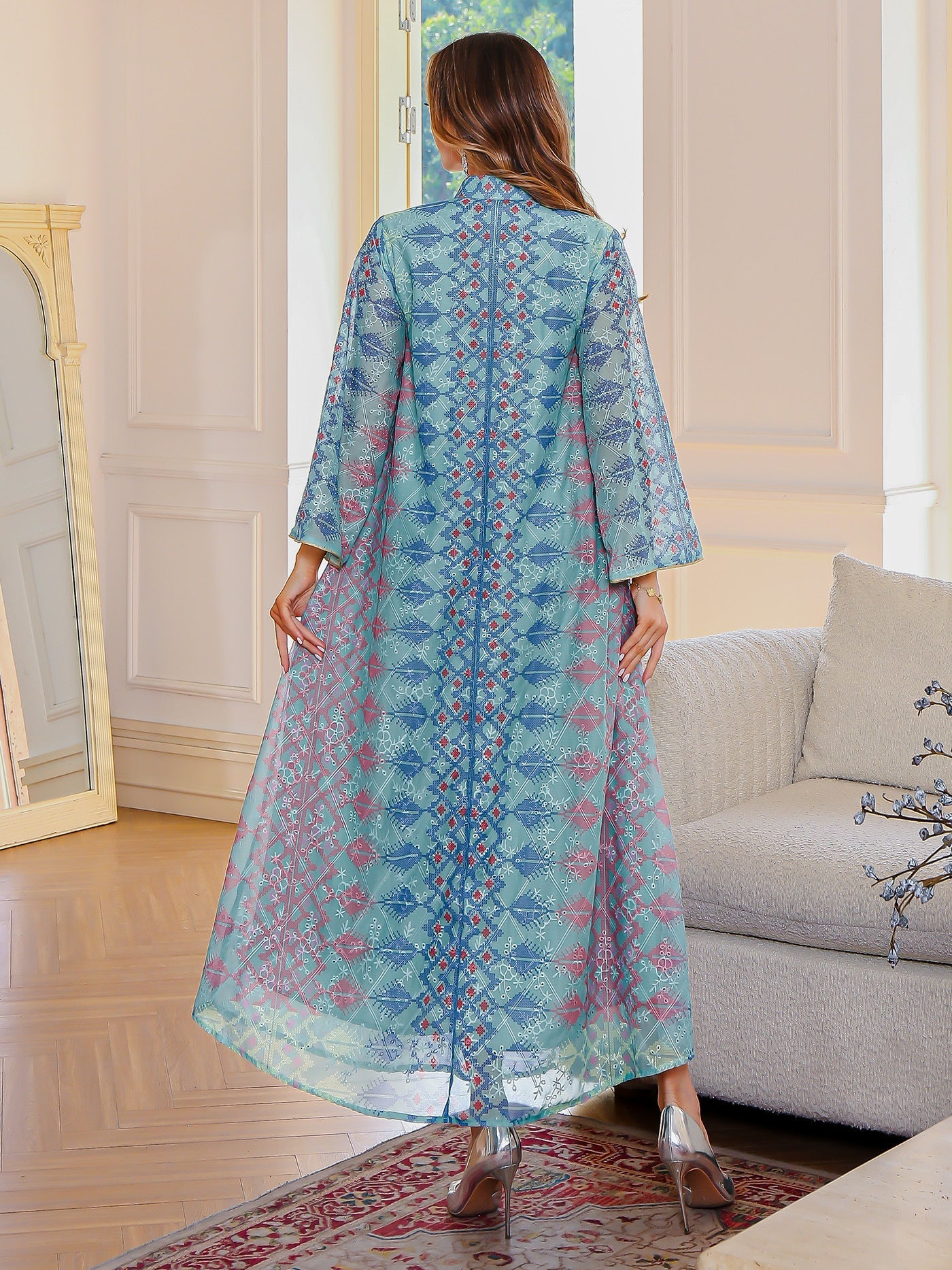 Muslim Embroidered Long Dress Traditional Abaya Green and Beige
