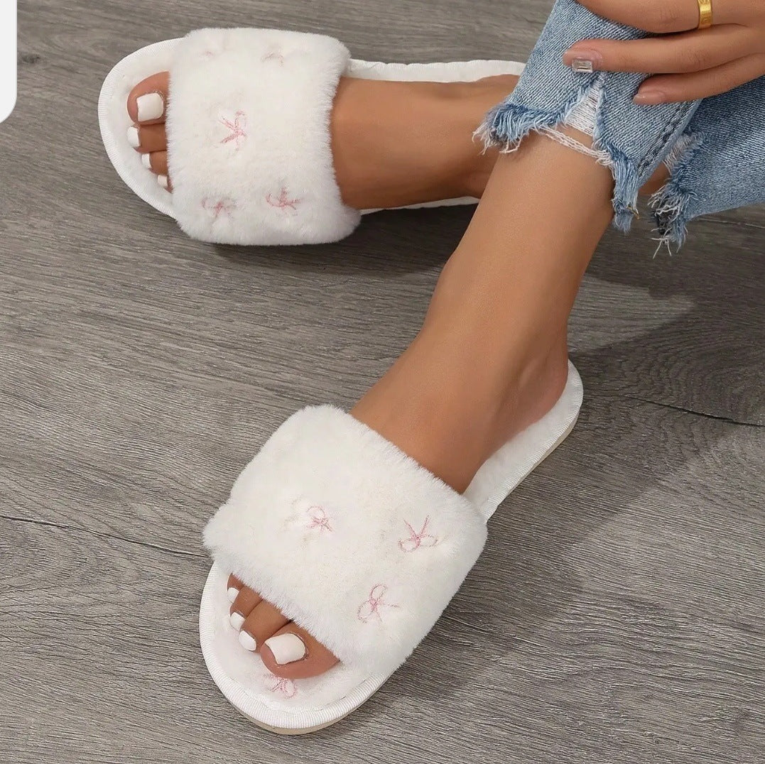 Bow Embroidered Plush Soft Slippers