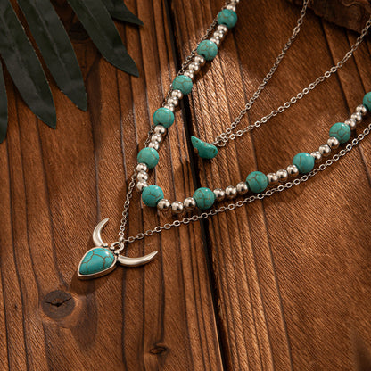 Vintage Turquoise Bull Skull Choker Necklace With Beads