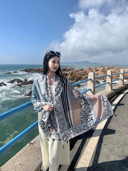 Fresh Green Ethnic Style Silk Scarf Women'S Summer Sunscreen Dual-Purpose Large Shawl Beach Towel Thin Cotton And Linen Scarf Yarn