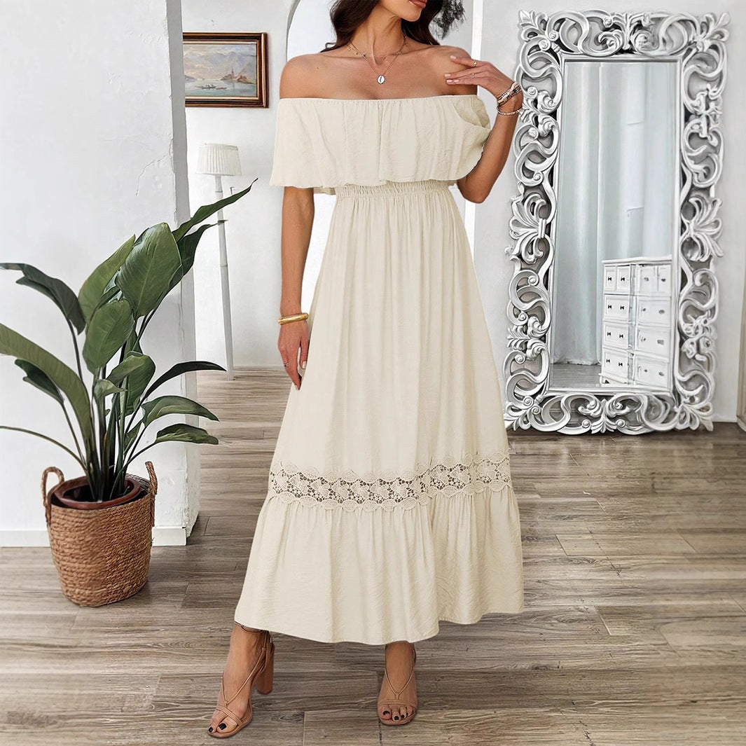 Off-Shoulder Waist-Defined Maxi Dress with Ruffle Sleeves