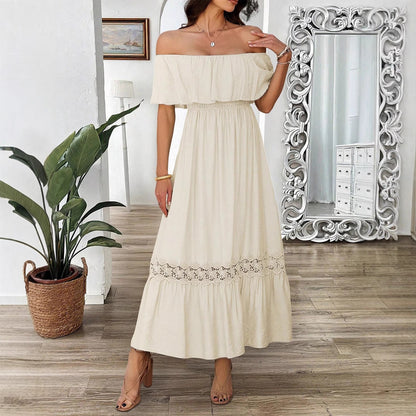 Off-Shoulder Waist-Defined Maxi Dress with Ruffle Sleeves