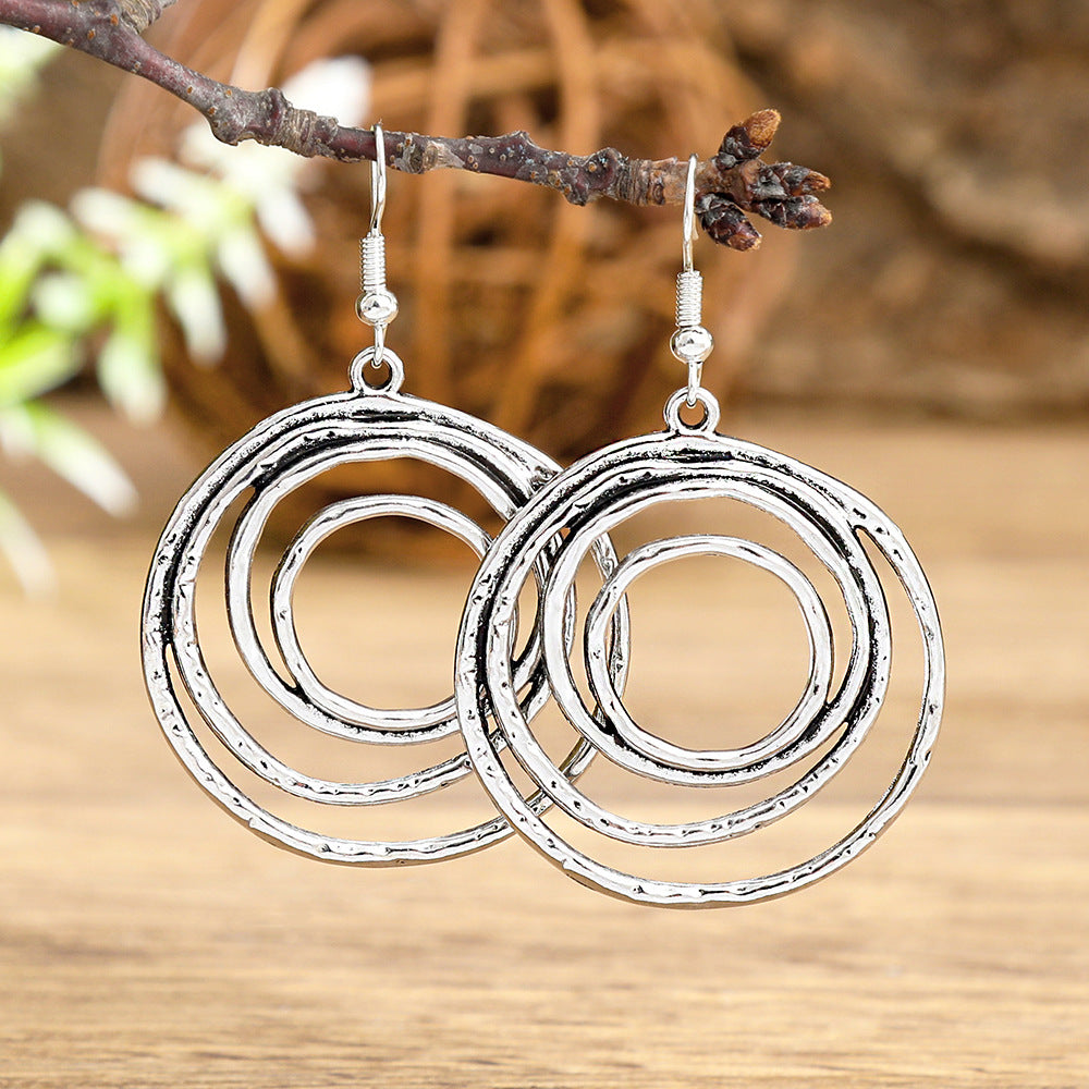 Geometric Cut-Out Vintage Metal Earrings Stylish Silver Jewelry