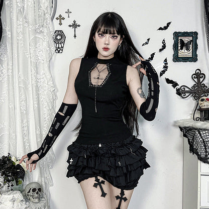Dark Removable Chain Top Gothic Style Casual Blouse