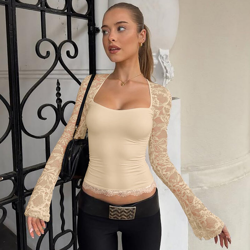 Fashionable Sexy Lace Hollow Long Sleeve Top