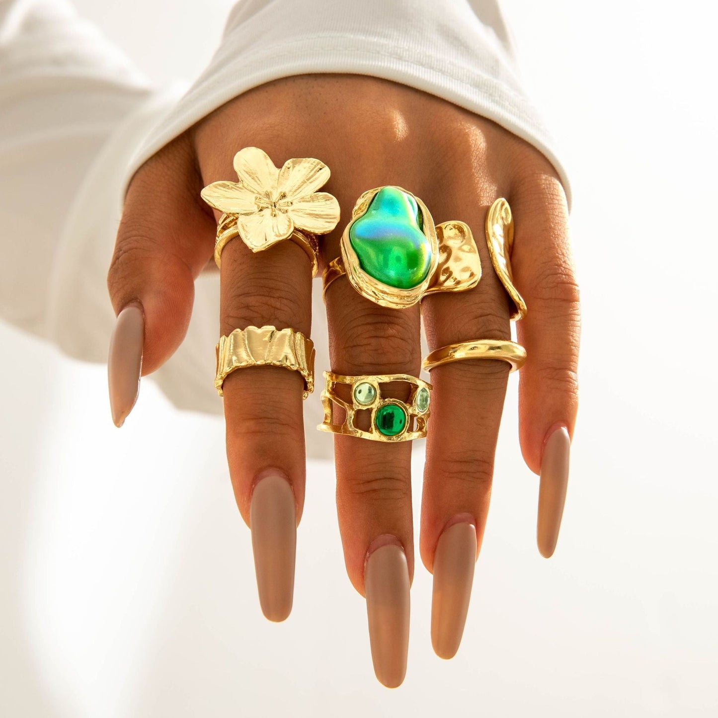 Flower-Decorated Pearl Ring Set Retro Baroque Geometric Rings
