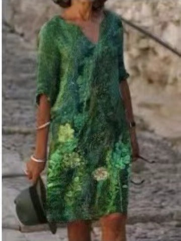 Abstract Print V-Neck A-Line Dress Comfortable Casual Fashion
