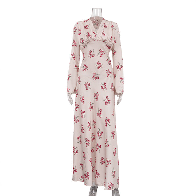 Elegant Floral Print Satin Maxi Dress with V-Neck and Long Sleeves