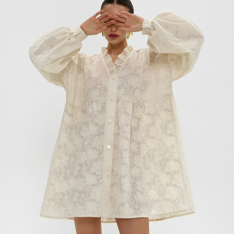 Flower Jacquard Lantern Sleeves Sweet Mini Dress