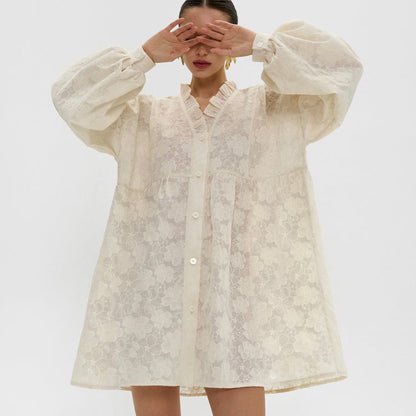 Flower Jacquard Lantern Sleeves Sweet Mini Dress