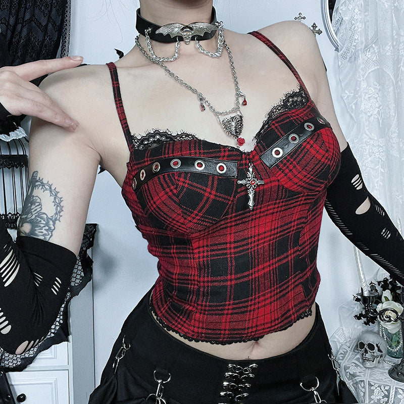 Dark Style Checkered Cami Top with Padding for Women
