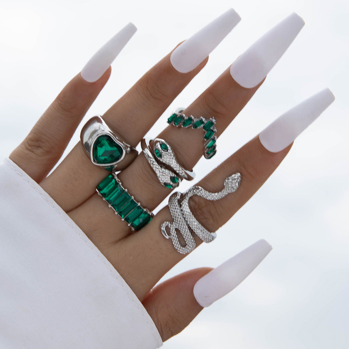 Snake Heart Shaped Gemstone Rings Jewelry Set