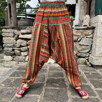 Ethnic Style Summer Men'S And Women'S Same Large Crotch Pants Cotton And Linen Printed Casual Lantern Trousers