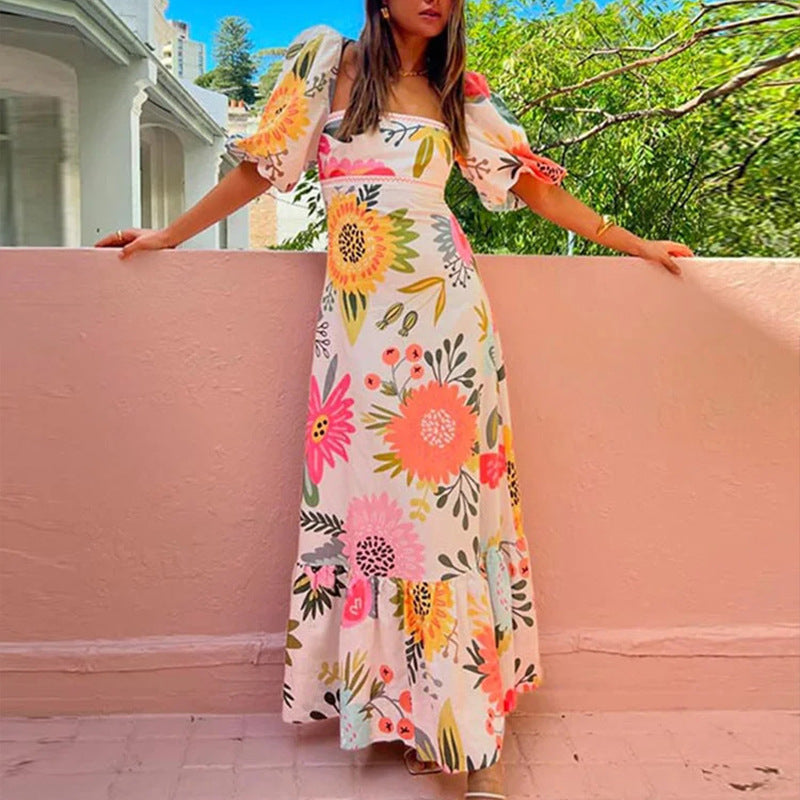 Elegant Floral Print Puff Sleeve Dress